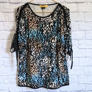 Anthropologie Animal Print Top L Blue Brown Black Cheetah Print Ruched Blouse
